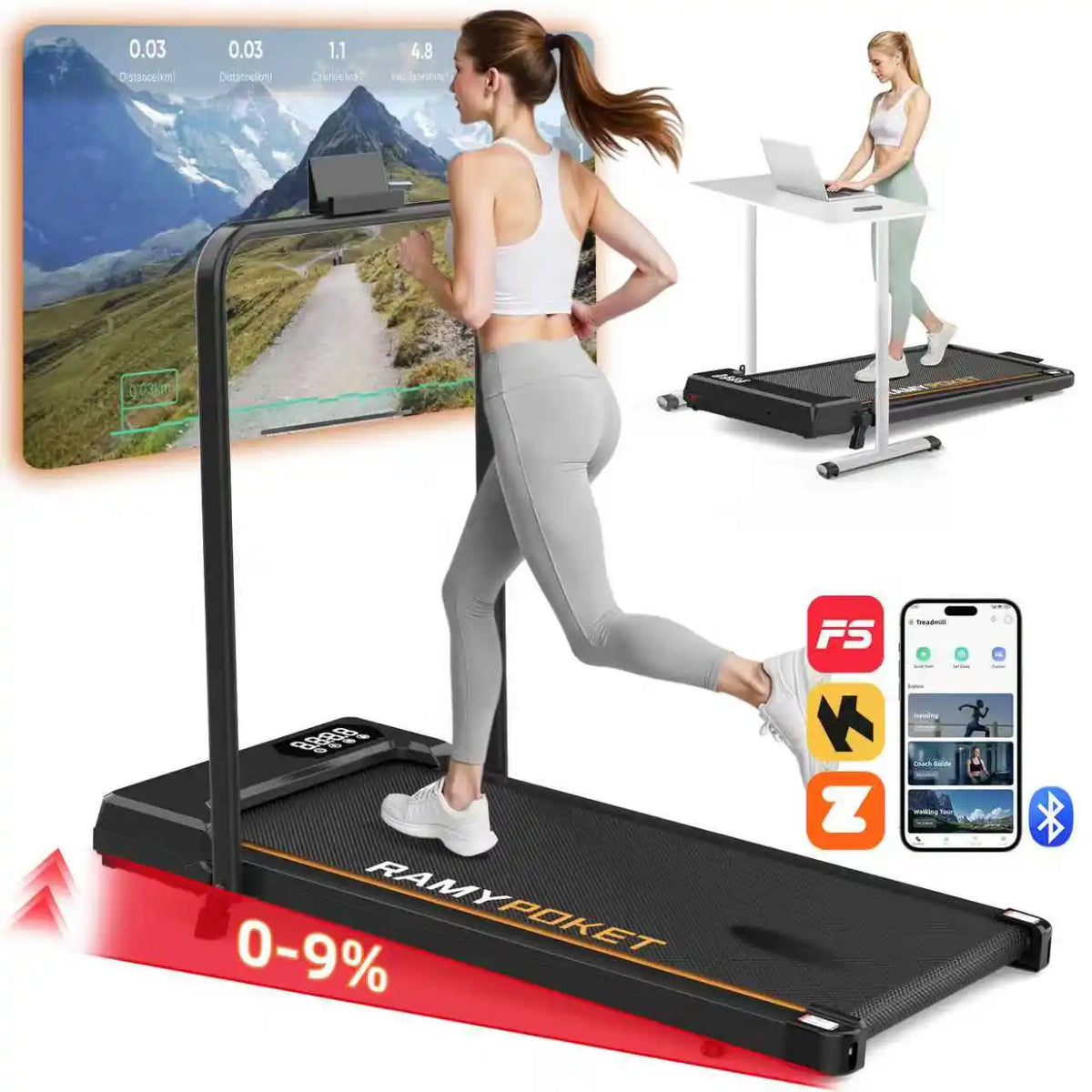 RAMYPOKET Foldable Incline Walking Pad 15%, Treadmill 12 km/h, App/LED, Desk Walking Pad 150kg max load