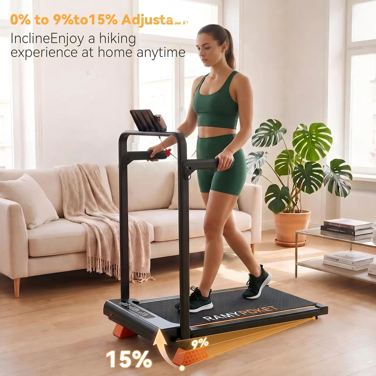 RAMYPOKET Foldable Incline Walking Pad 15%, Treadmill 12 km/h, App/LED, Desk Walking Pad 150kg max load