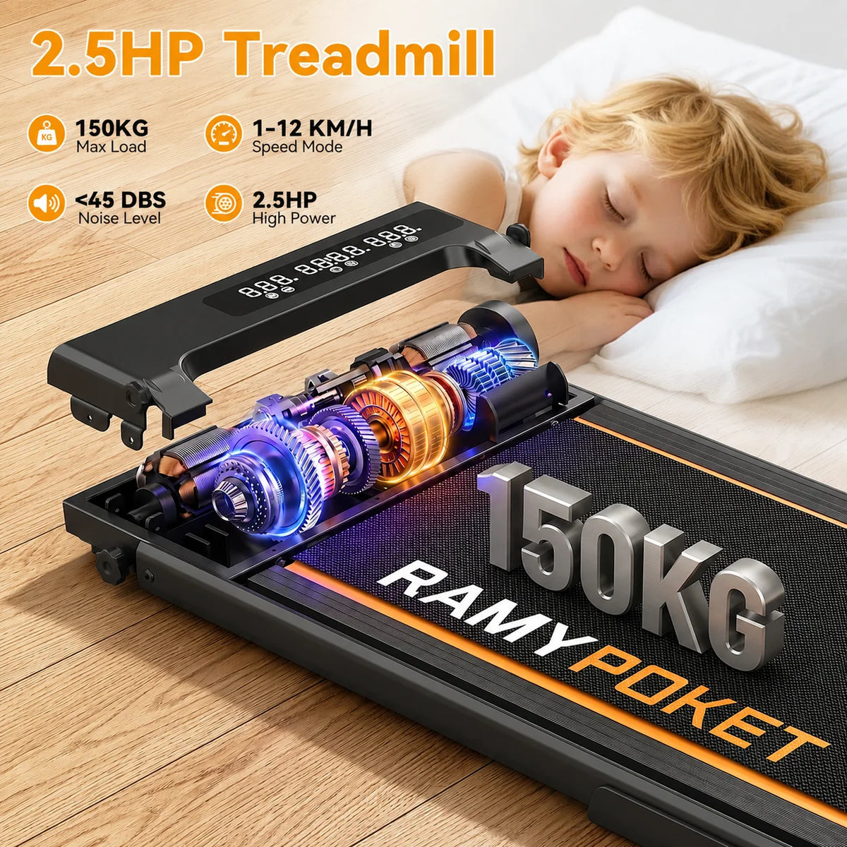 RAMYPOKET Foldable Incline Walking Pad 15%, Treadmill 12 km/h, App/LED, Desk Walking Pad 150kg max load