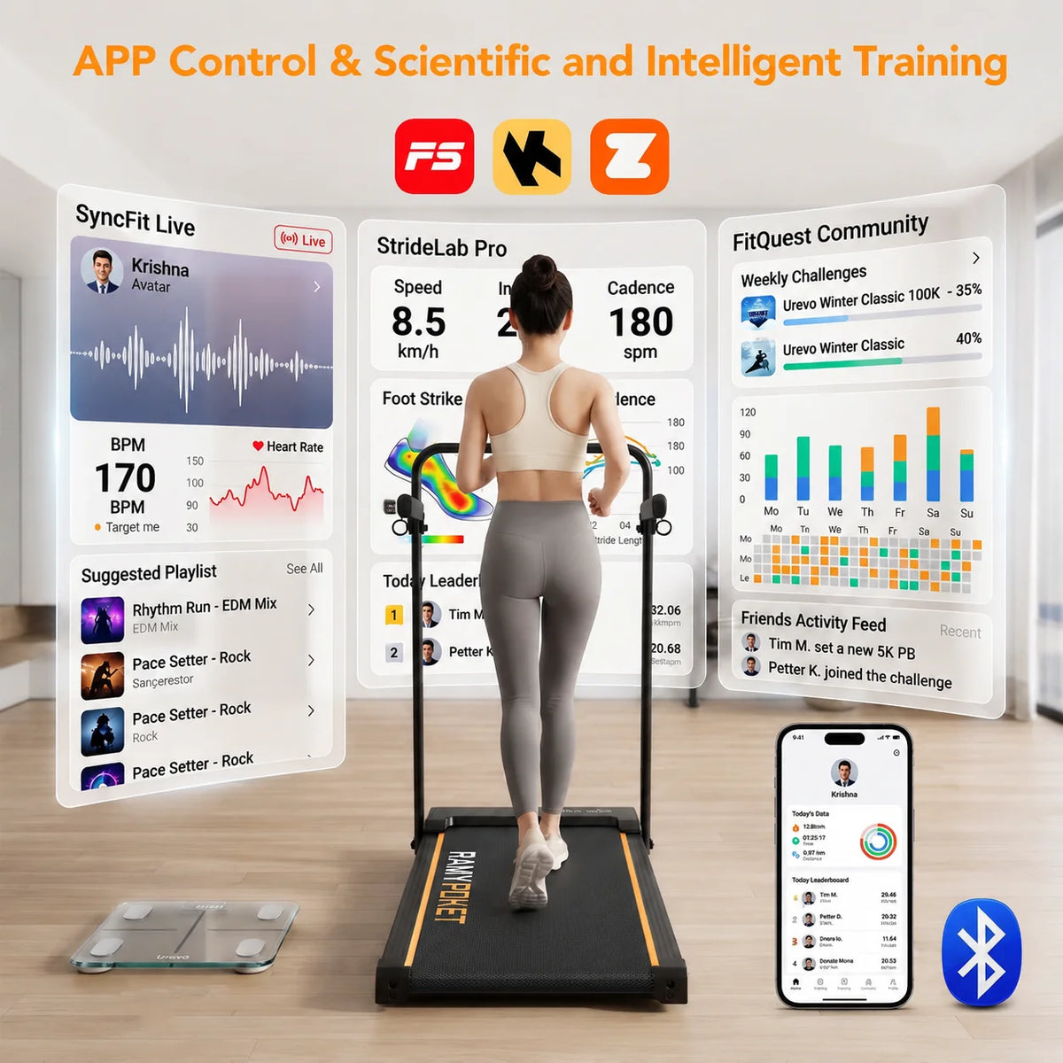 RAMYPOKET Foldable Incline Walking Pad 15%, Treadmill 12 km/h, App/LED, Desk Walking Pad 150kg max load