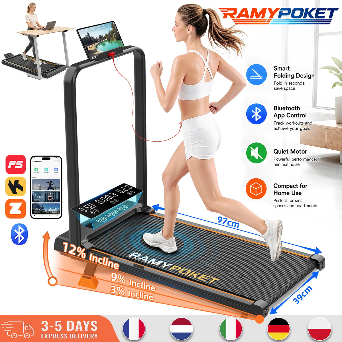 RAMYPOKET Foldable Incline Walking Pad 15%, Treadmill 12 km/h, App/LED, Desk Walking Pad 150kg max load