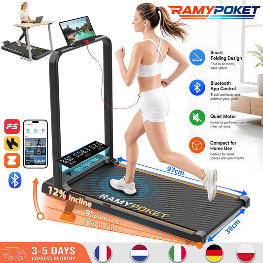 RAMYPOKET Foldable Incline Walking Pad 15%, Treadmill 12 km/h, App/LED, Desk Walking Pad 150kg max load