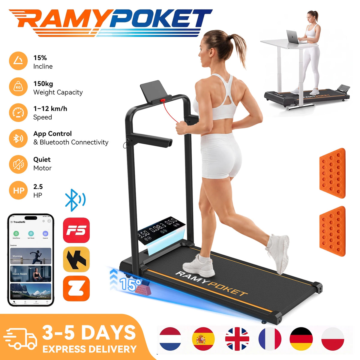 RAMYPOKET Foldable Incline Walking Pad 15%, Treadmill 12 km/h, App/LED, Desk Walking Pad 150kg max load