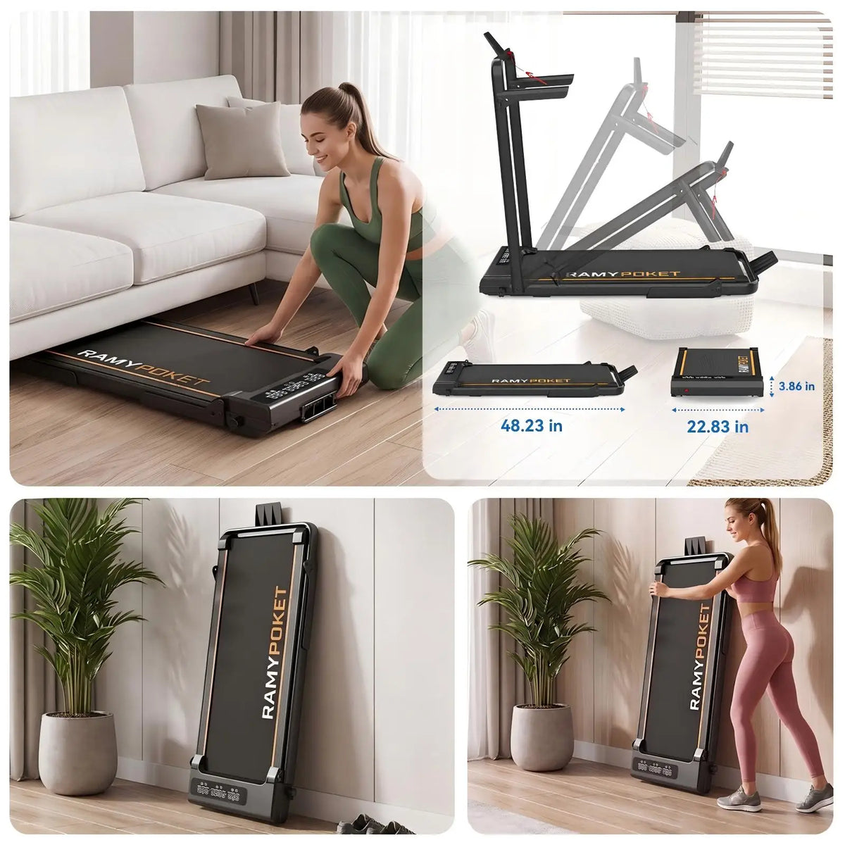 RAMYPOKET Foldable Incline Walking Pad 15%, Treadmill 12 km/h, App/LED, Desk Walking Pad 150kg max load
