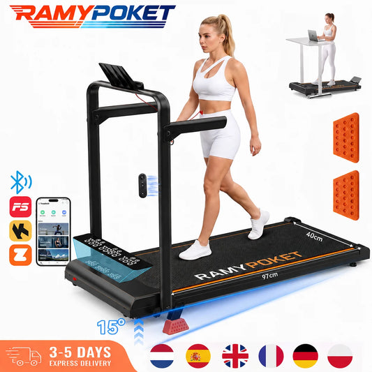RAMYPOKET Foldable Incline Walking Pad 15%, Treadmill 12 km/h, App/LED, Desk Walking Pad 150kg max load