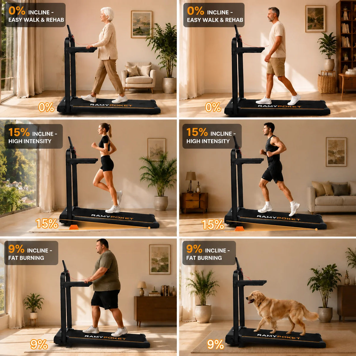 RAMYPOKET Foldable Incline Walking Pad 15%, Treadmill 12 km/h, App/LED, Desk Walking Pad 150kg max load